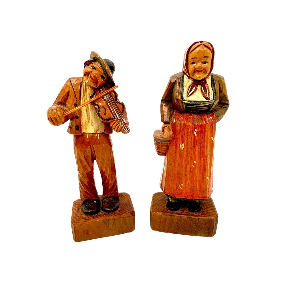 Vintage Hand Carved Wood Folk Art Figurines Fiddle Player & Woman Set of 2